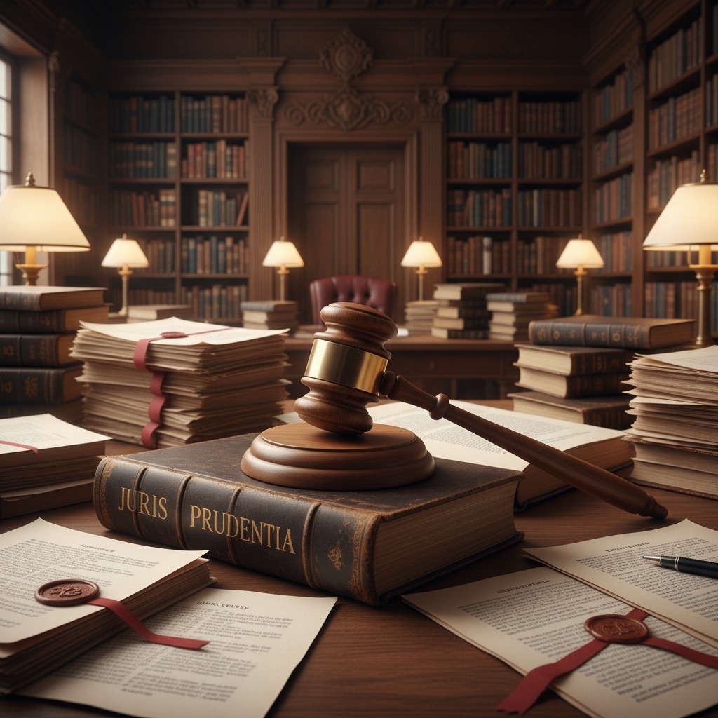 Un martelletto da giudice poggia su un grosso libro antico con la scritta "Juris Prudentia" sulla scrivania di uno studio legale in legno.